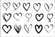 Heart vector set hand drawing. Black heart shape doodle art sketch style, icon, vector illustration
