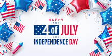 4 Th Of July Poster.USA Independence Day Celebration With American Star Balloon. USA 4th Of July Promotion Advertising Banner Template For Brochures,Poster Or Banner.USA