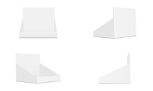 Set Of Cardboard Counter Display Boxes Mockups With Various Views, Isolated On White Background. Vector Illustration