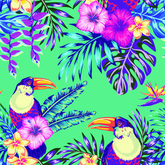  Seamless vector pattern, Tropical bird toucan and multicolor parrot on the background of exotic hibiscus flower and palm leaf. Summer floral plant print. Nature animals wallpaper.