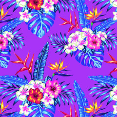 bird of paradise flower, Hand-drawing seamless pattern with tropical birds on the background of exotic hibiscus flower and palm leaf. Summer floral plant print. Nature animals wallpaper. Seamless vect