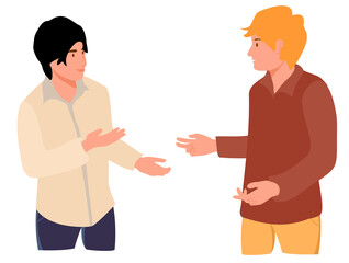 two young people speaking together. teenage or adult male characters talking. scene of dialog betwee