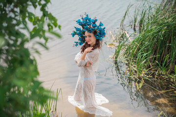 Bride nymph at water, Slavic rituals, pagan magic scene, nature power concept