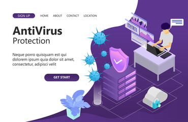 Illustration of antivirus protection, a programmer works in front of his laptop, many viruses attack the data storage server and he has anticipated it. isometric vector illustration design concept.