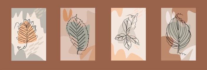 A set of interior botanical posters in autumn colors. Postcards in the one line style with an abstract background.