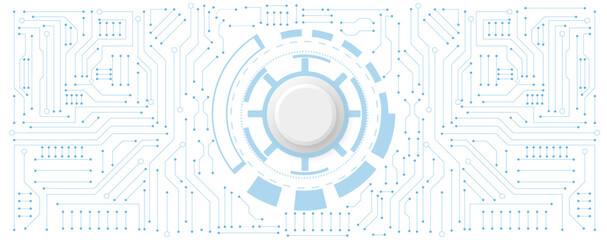 circuit board electronic or electrical line with circle gear on white engineering technology concept vector panorama background