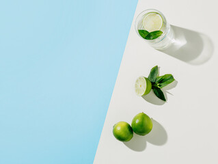 Wall Mural - Summer arrangement with lime citrus fruit, mint leaves and a glass of refreshing cocktail with pastel blue copy space. Mojito cocktail ingredients. Creative food or drink concept. Flat lay, top view.