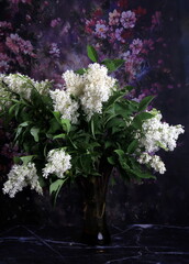 Wall Mural - White Lilac Agnes Smith flowers - syringa prestoniae agnes smith in glas vase and dark purple flower background. Agnes Smith is an elegant variety of Canadian lilac with snow white flowers.