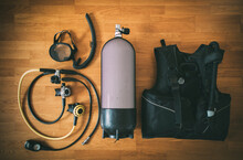 Diving Cylinder, Bouyancy Compensator Device, Fins, Snorkel Set,  And Scuba Regulator