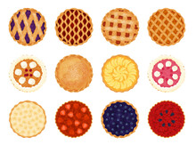 Collection Of Pies Top View Vector Flat Illustration. Set Of Various Whole Fresh Baking Sweet Cakes