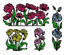 Set Of Multi-colored Daisies. Bright Colorful Flowers In The Meadow. Pink, Red, Yellow, Green Cartoon Objects With Black Outline Isolated On White Background. Floral, Plant Theme. Vector Illustration.