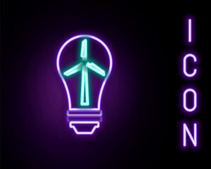 Glowing neon line Light bulb with wind turbine as idea of eco friendly source of energy icon isolated on black background. Alternative energy concept. Colorful outline concept. Vector