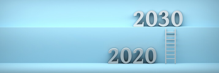 Wide banner with years 2020 and 2030 and ladder leading up on blue background