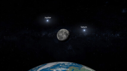 Wall Mural - moon meets gas giants jupiter and saturn 3d illustration