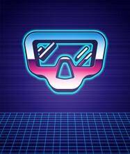Retro Style Diving Mask Icon Isolated Futuristic Landscape Background. Extreme Sport. Diving Underwater Equipment. 80s Fashion Party. Vector