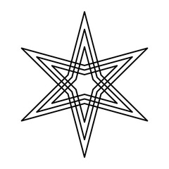 Six-pointed star with offset lines. Two three-pointed stars, each with three lines, placed symmetric on top of each other. Hexagram. Isolated black and white illustration, on white background. Vector.