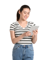 Poster - Beautiful young woman using tablet computer on white background