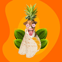 Modern Design, Contemporary Art Collage. Inspiration, Idea, Trendy Urban Magazine Style. Composition With Pineapple Dog Head And Taco On Orange Background.