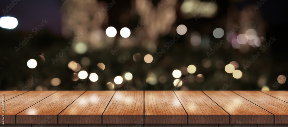 Empty Wooden Table Top With Lights Bokeh On Blur Restaurant Background. - obrazy, fototapety, plakaty 