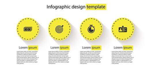 Canvas Print - Set Stacks paper money cash, Target with arrow, Stopwatch and Identification badge. Business infographic template. Vector