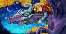 A Cute Girl With Golden Hair Sleeps On The Back Of A Purple Flying Caring Dragon, They Fly Through The Night Starry Sky, With Golden Clouds And Stars And A Crescent Moon . 2d Watercolor Illustration