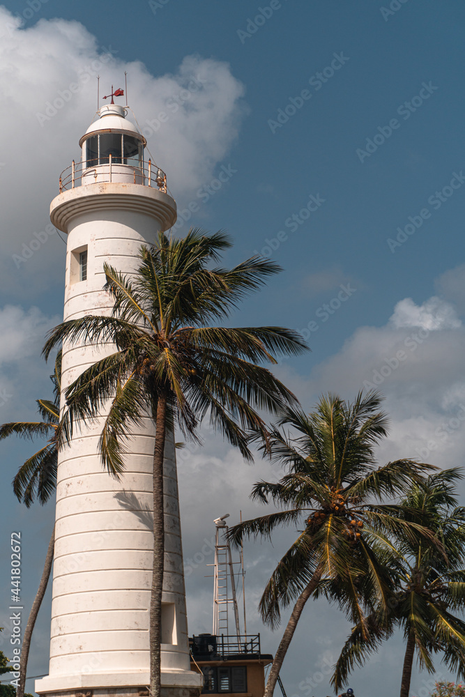 Biała latarnia morska na tle niebieskiego nieba i palm w miejscowości Galle na Sri lance. - obrazy, fototapety, plakaty 