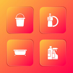 Wall Mural - Set Bucket, Dishwashing liquid bottle and plate, Bathtub and Bottles for cleaning agent icon. Vector