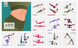 Women Workout Set. Women doing fitness and yoga exercises. Lunges, Pushups,  Squats, Dumbbell rows, Burpees, Side planks, Situ ps, Glute bridge, Leg  Raise, Russian Twist, Side Crunch .etc 13794567 Vector Art at