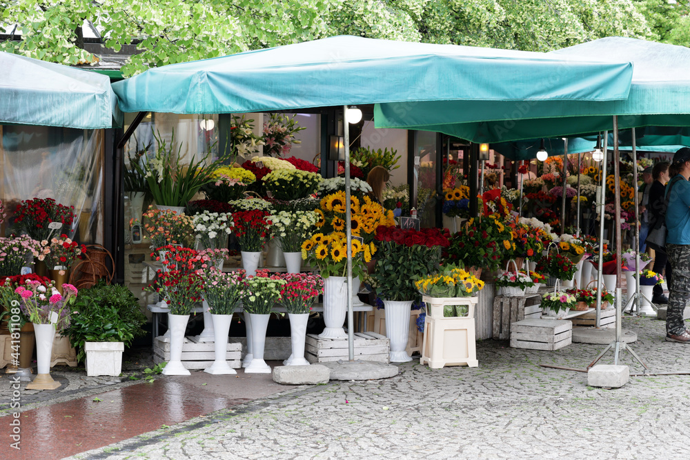 Bukiet pięknych kwiatów różnokolorowych na straganie we Wrocławiu na rynku.  - obrazy, fototapety, plakaty 