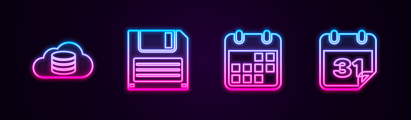 Set line Cloud database, Floppy disk, Calendar and . Glowing neon icon. Vector
