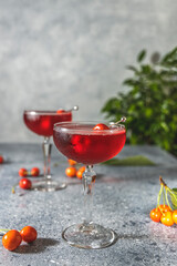 Wall Mural - Champagne coupe glass of refreshing cherry or merry cocktail with ice served on gray table surface surround of fresh merry and different green plants, shallow depth of the field.