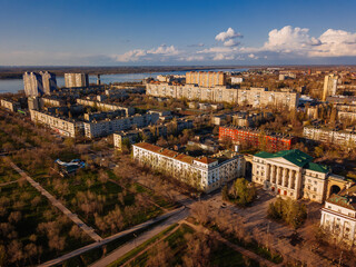 Spring Volgograd cityscape, aerial view from drone