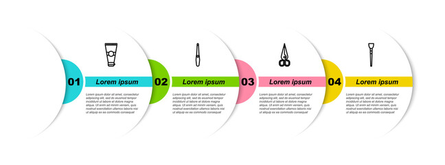 Sticker - Set line Lotion cosmetic tube, Nail file, Scissors and Makeup brush. Business infographic template. Vector