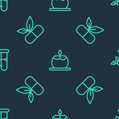 Sticker - Set line Aroma candle, Medical pill with plant and Laboratory glass leaves on seamless pattern. Vector