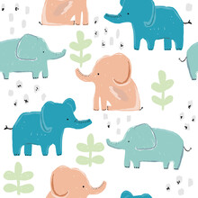 Seamless Pattern With Elephants And Tropicl Plants. Kids Cute Print. Vector Hand Drawn Illustration.