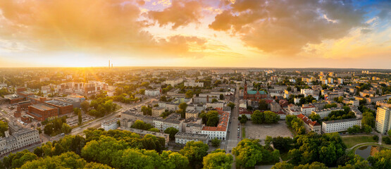 City of Lodz in Poland during sunset - panoramic aerial view