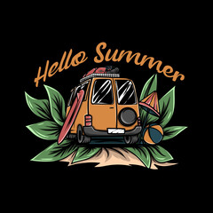 Orange van with surfing board and beach ball with leaves around illustration on black background