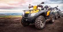 ATV Quad Bike On Forest Offroad. Concept Banner Motocross Quadricycle Trip Background