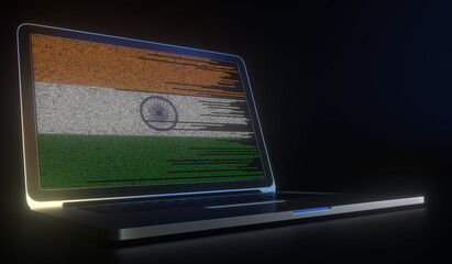Laptop and source code on the screen composing flag of India. National information technology related 3d rendering