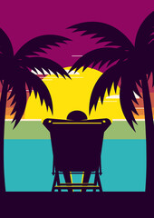 Wall Mural - A tourist is sitting on beach chair at sunset. Summer time and happy holiday concept flat design style