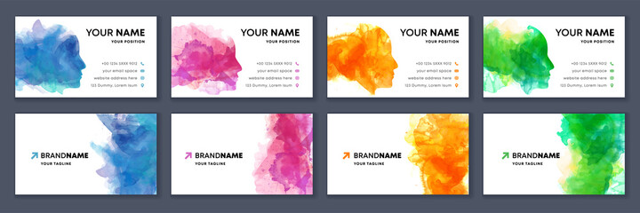Wall Mural - Big set of bright colorful business card template with vector watercolor head silhouette on white background