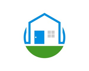 Sticker - Circle shape with simple house in green land