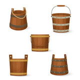 Fototapeta Sypialnia - Collection of old wooden buckets of various shapes with different handles. Cartoon style illustration. Vector.