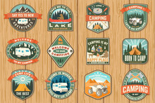Set Of Camping Badges. Vector Patch Or Sticker. Concept For Shirt Or Logo, Print, Stamp Or Tee. Vintage Typography Design With Quad Bike, Tent, Mountain, Camper Trailer And Forest Silhouette.
