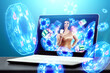 © Aliaksandr Marko - Concept for online casino, gambling, online money games, bets. Neon casino chips fly out of the laptop, a beautiful girl holds cards in her hands, dice.