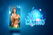 © Aliaksandr Marko - Concept for online casino, gambling, online money games, bets. Smartphone and pretty girl with playing cards in hand. Website header, flyer, poster, template for advertising.