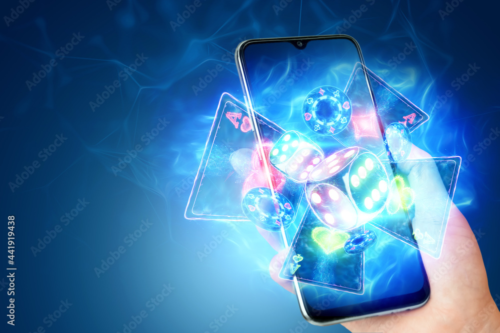 Smartphone and neon casino reboot, roulette, dice, chips. Online casino, gambling, internet games, betting. Website header, flyer, poster, template for advertising.