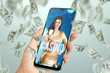 © Aliaksandr Marko - Beautiful girl with playing cards in her hand on the smartphone screen and falling dollars. Online casino, gambling, betting, roulette. Flyer, poster, template for advertising.