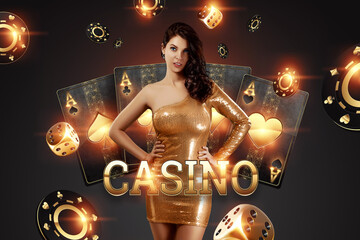 Wall Mural - Beautiful girl on the background of the golden casino atrebutics. Winning, casino advertising template, gambling, vegas games, betting.