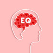 EQ, emotional intelligence and quotient concept with head, brain and heart shape silhouette. Human mind, red hearts and profile face outline in papercut art. Word lettering typography.